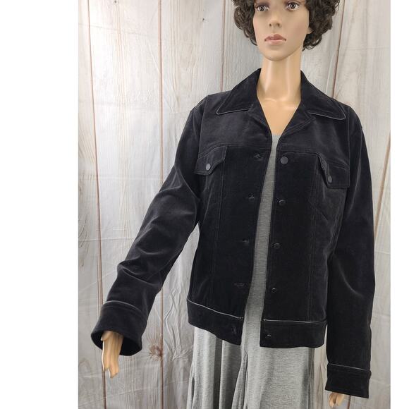 NWT Nienhaus & Lotz Women 14 Blk Fully lined Corduroy Jacket Faux Leather Trim - Picture 1 of 10